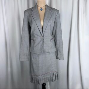 Y2k Gray Plaid Skirt Suit Tailored Blazer And Pleaded Hem Skirt 2000s Officecore